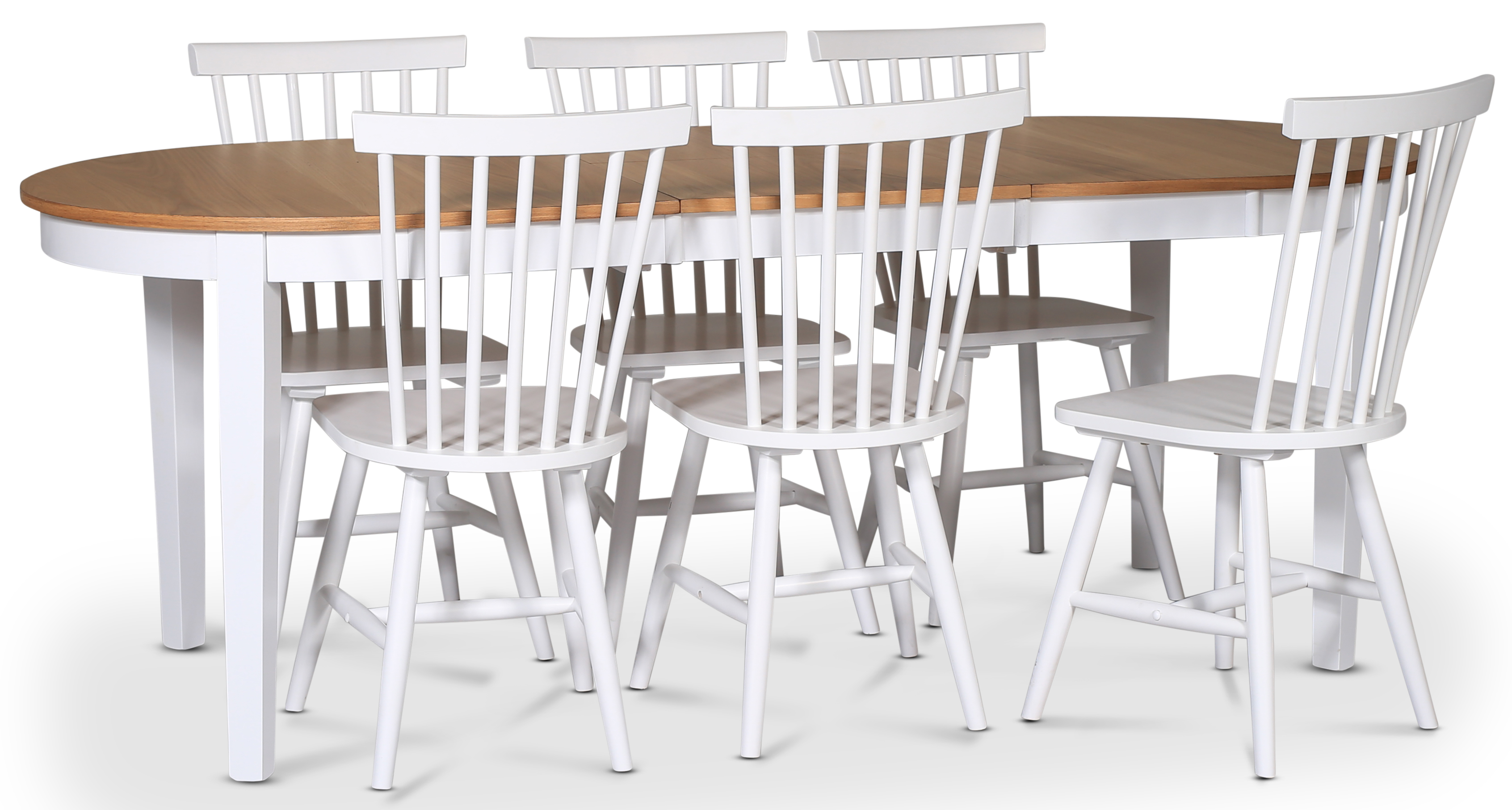 Lebensmittelgruppe F�r�; Esstisch 160/210x90 cm - Eiche wei� / ge�lt mit 6 wei�en Karlrohrst�hlen