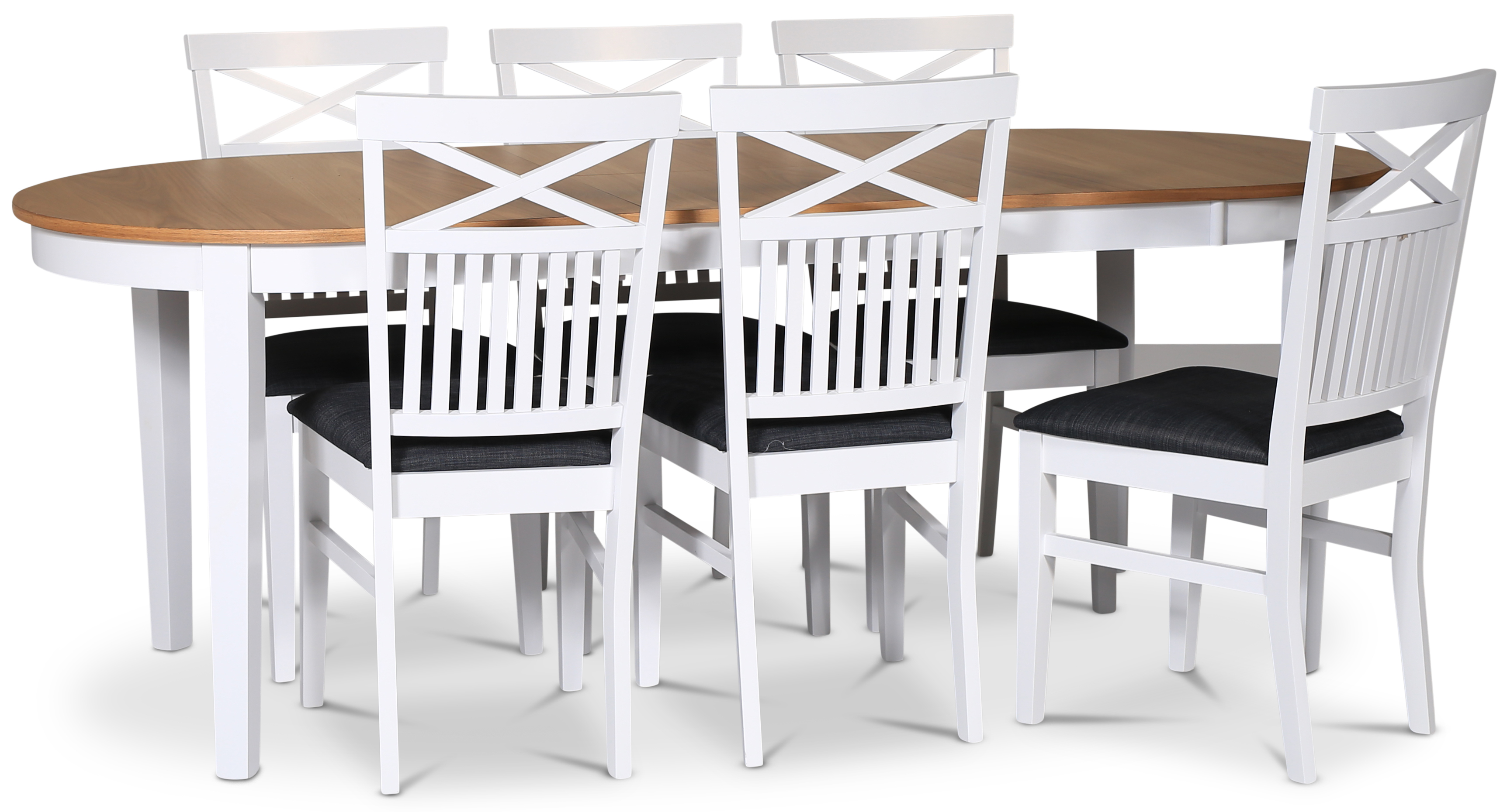 Lebensmittelgruppe F�r�; Esstisch 160/210x90 cm - Eiche wei� / ge�lt mit 6 Skagen-St�hlen mit R�ckenkreuz, graue Sitzfl�che