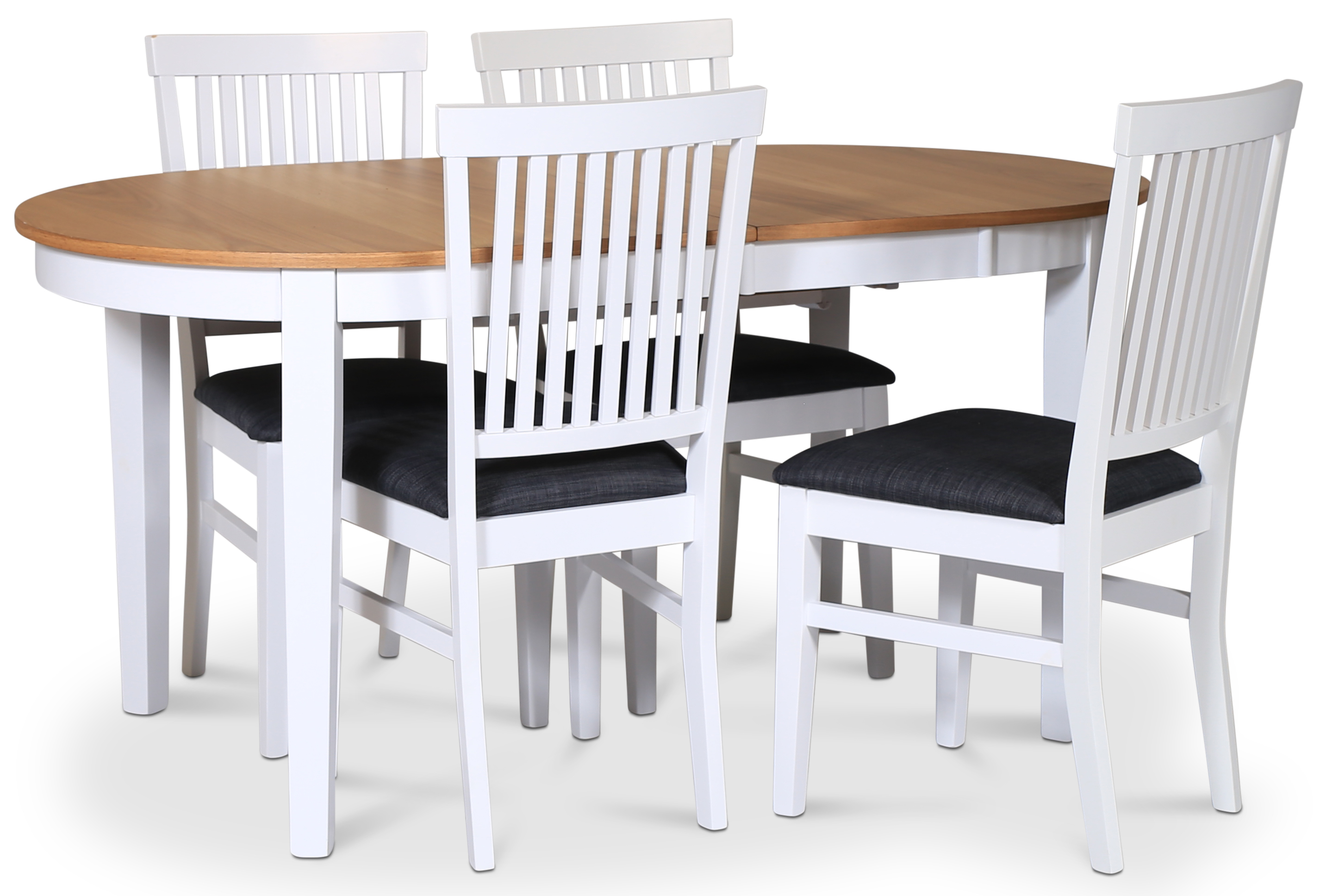 Lebensmittelgruppe F�r�; Esstisch 160/210x90 cm - Wei�e / ge�lte Eiche mit 4 F�r�-St�hlen mit grauen Stoffsitzen