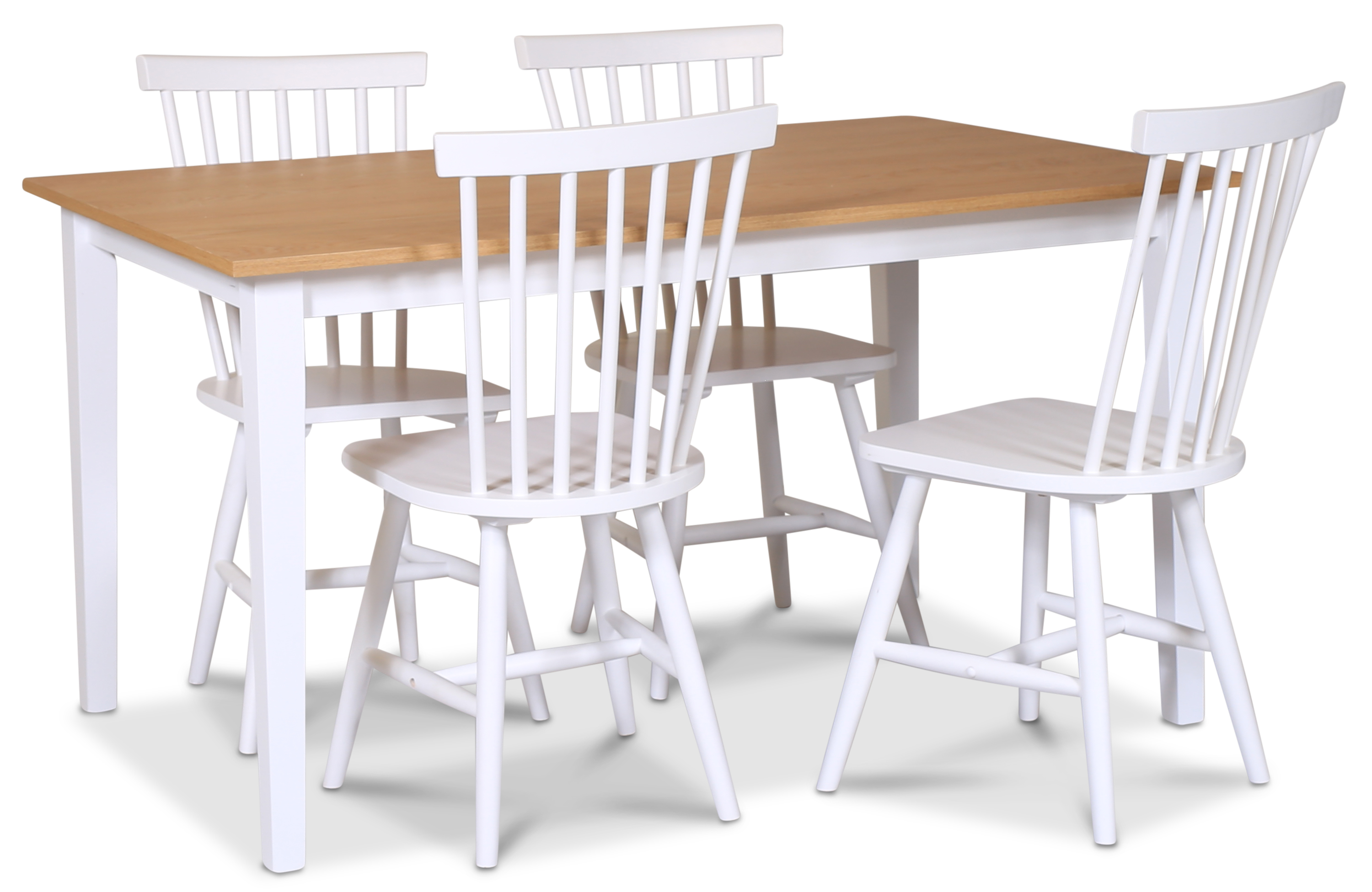 Lebensmittelgruppe F�r�; Esstisch 140x90 cm - Eiche wei� / ge�lt mit 4 wei�en Karlrohrst�hlen