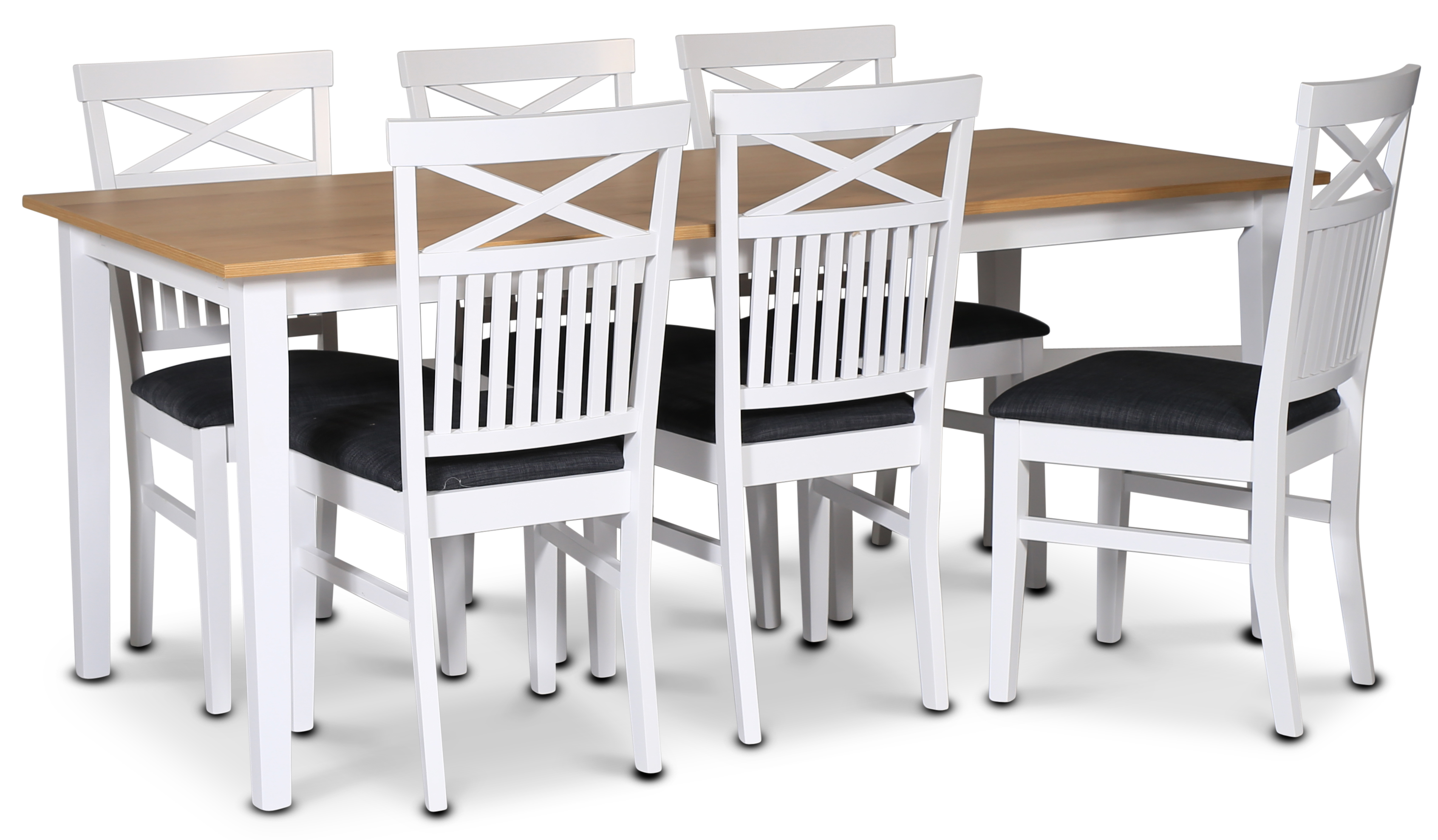 Esstisch-Set; Tisch 180x90 cm - Wei� / ge�lte Eiche mit 6 St�hlen - F�r�