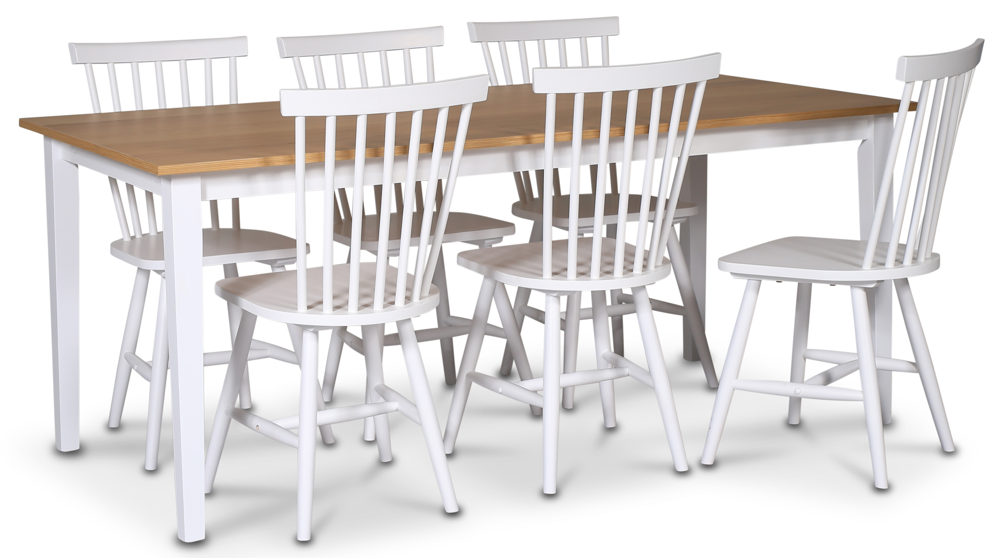 Fårö Esszimmergarnitur - Tisch 180x90 cm mit 6 weißen Karl Korbstühlen Fårö Esszimmergarnitur - Tisch 180x90 cm mit 6 weißen Karl Korbstühlen