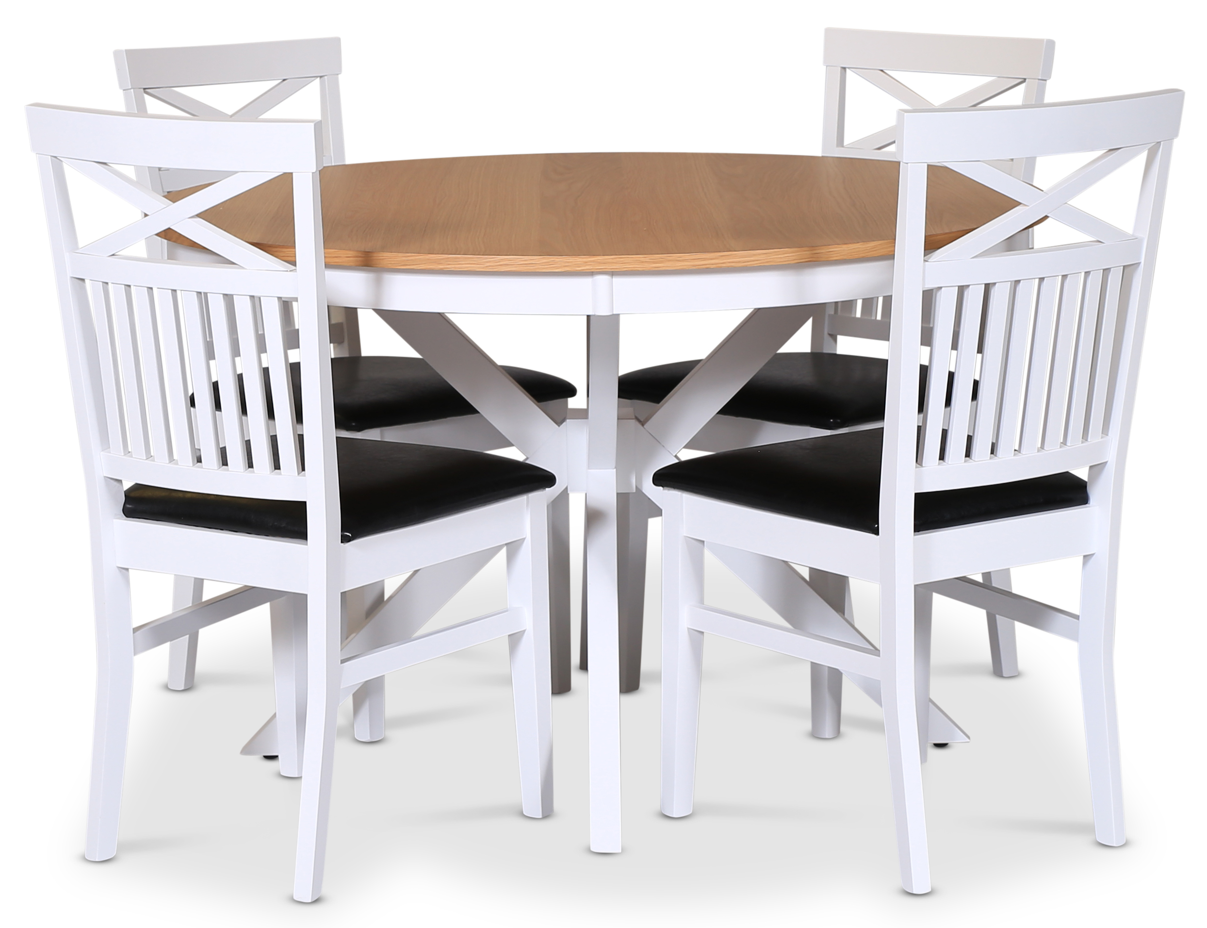 Lebensmittelgruppe Tromsø; runder Esstisch 120 cm - Eiche weiß / geölt mit 4 Fårö Stühlen mit gekreuzter Rückenlehne, Sitz in sc Lebensmittelgruppe Tromsø; runder Esstisch 120 cm - Eiche weiß / geölt mit 4 Fårö Stühlen mit gekreuzter Rückenlehne, Sitz in sc