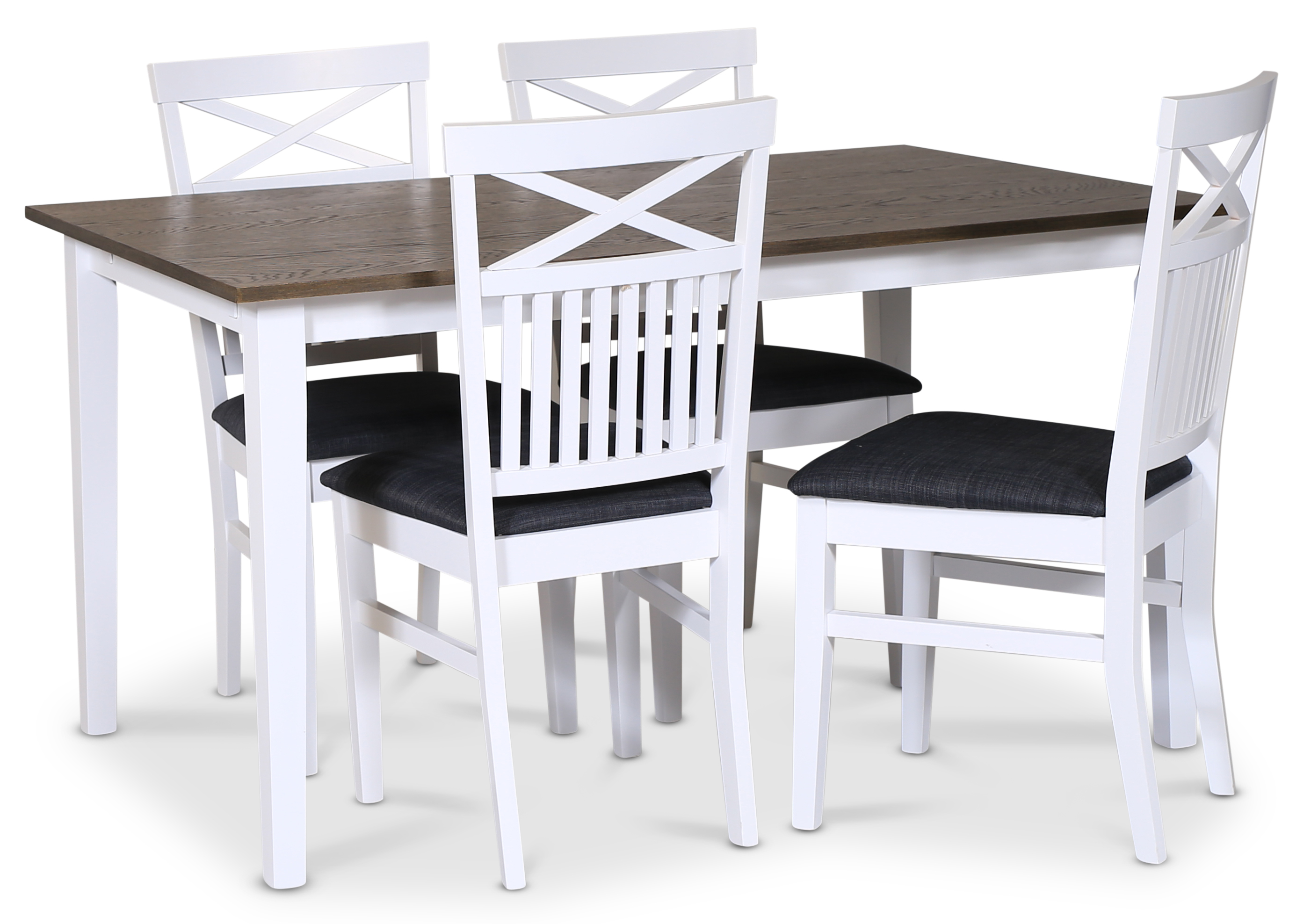 Lebensmittelgruppe Skagen; klassischer Esstisch 140x90 cm - wei�/braun ge�lte Eiche mit 4 Skagen St�hlen (Kreuz im R�cken) mit g