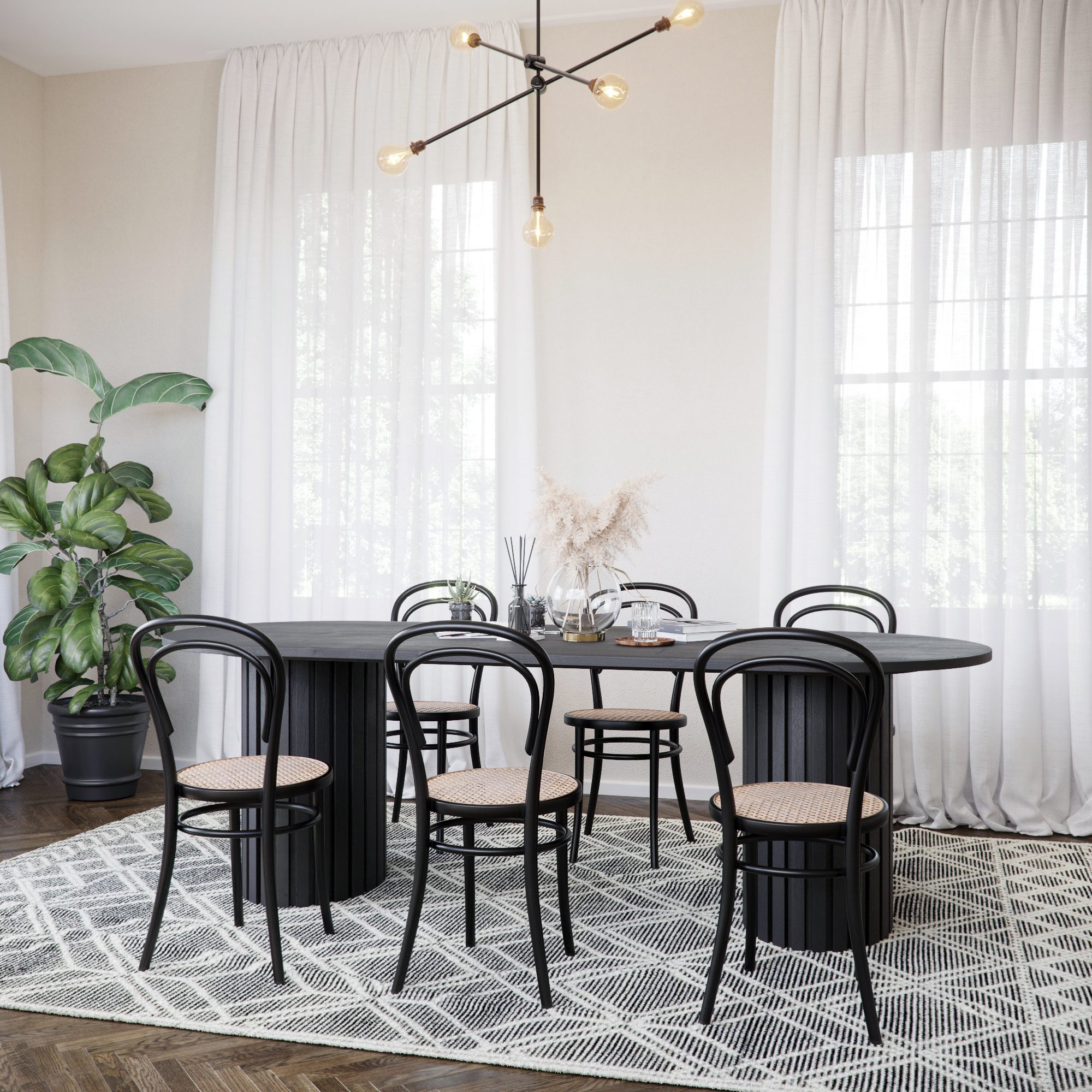 Essgruppe PiPi ovaler Esstisch 240 cm inkl. 6 Bugholzst�hle No14 - Schwarz/Rattan + 3.00 x M�belf��e