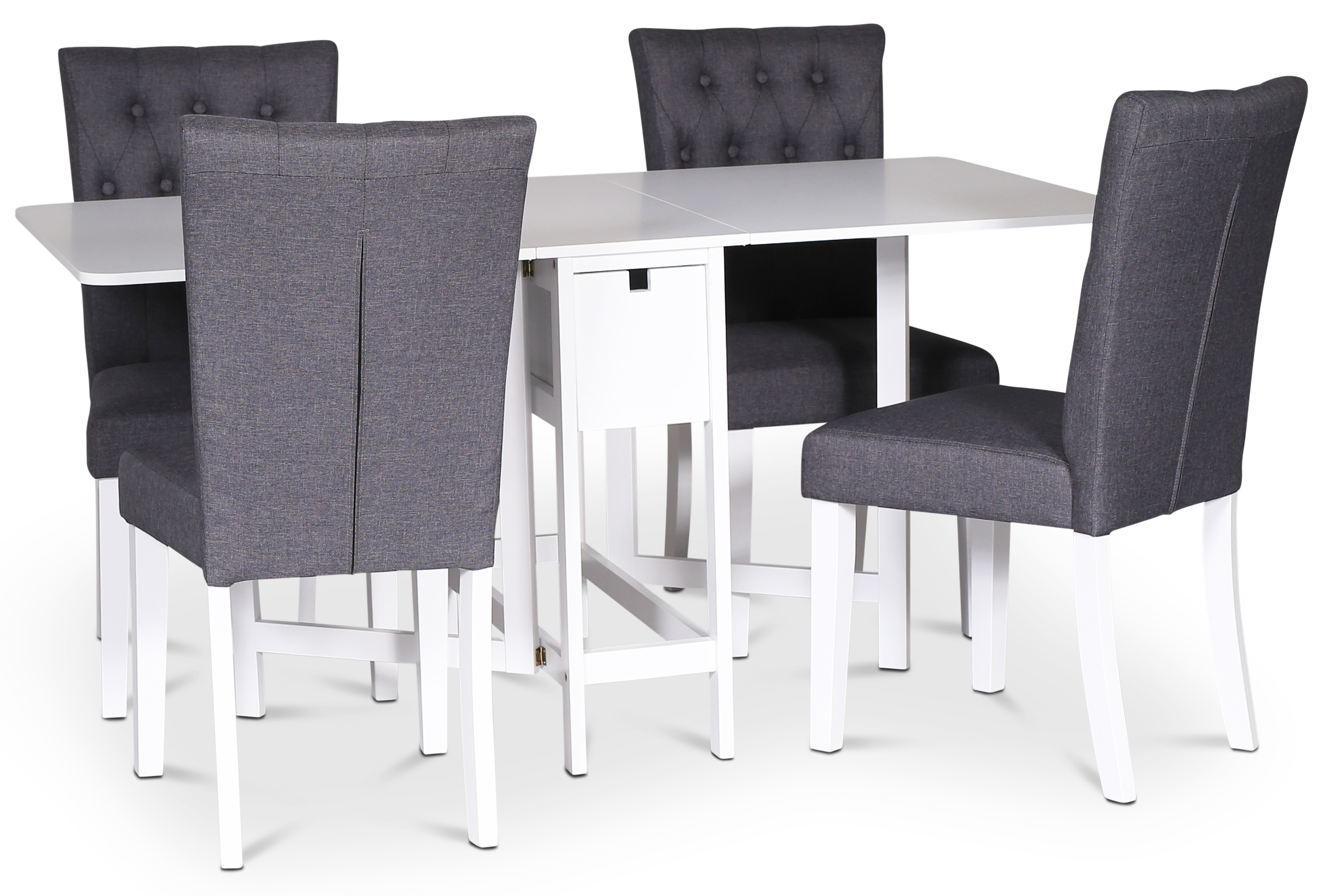 Lebensmittelgruppe Sandhamn; Klapptisch mit 4 Crocket-St�hlen aus grauem Stoff