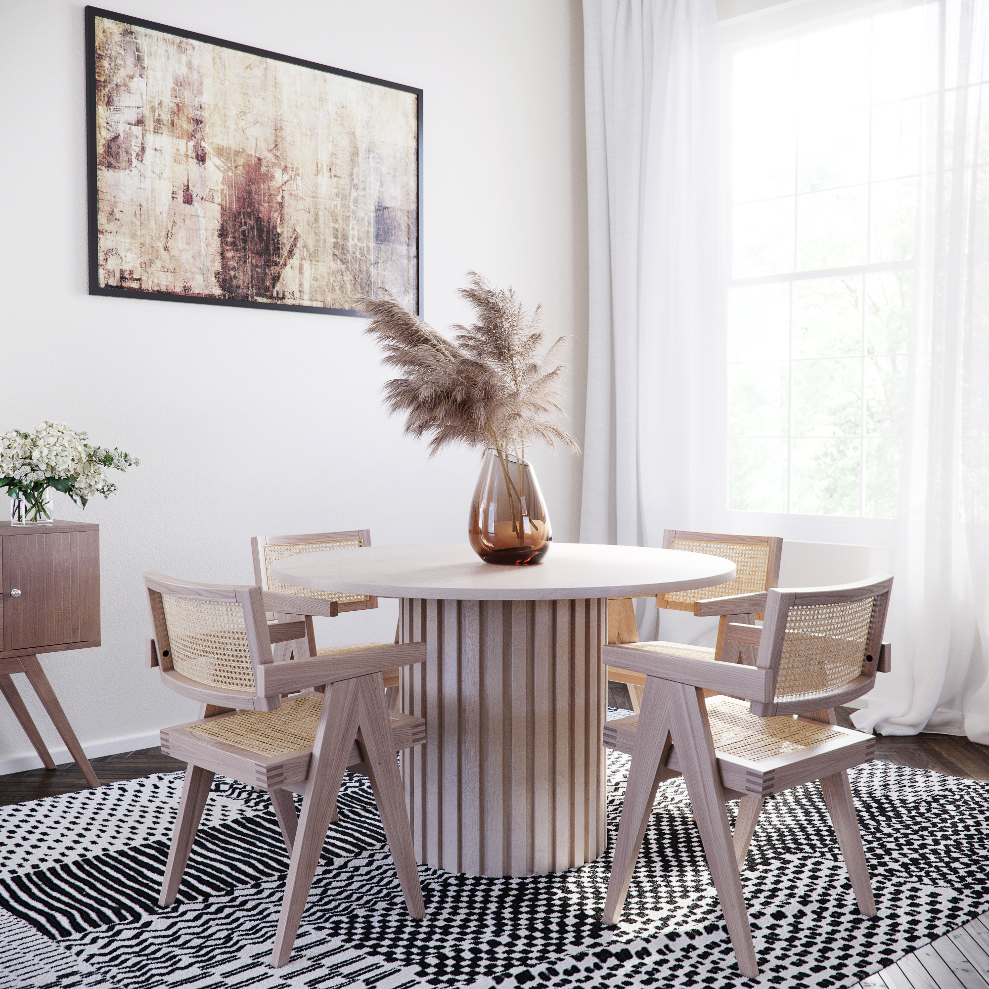 PiPi Essgruppe, runder Esstisch Ø150 cm inkl. 4 Sara Rahmenstühle - Whitewash PiPi Essgruppe, runder Esstisch Ø150 cm inkl. 4 Sara Rahmenstühle - Whitewash