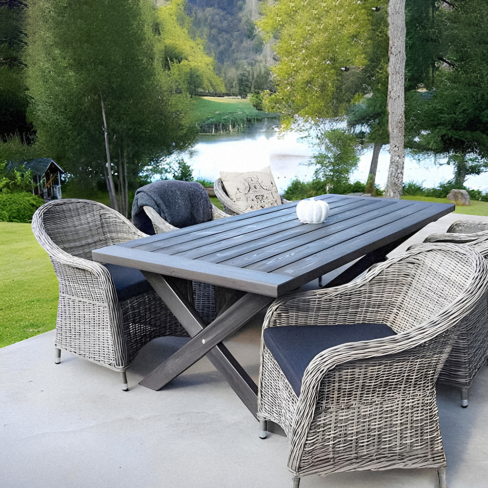 Essgruppe Mercury: Oxford-Tisch mit 6 Mercury-Sesseln aus synthetischem Rattan