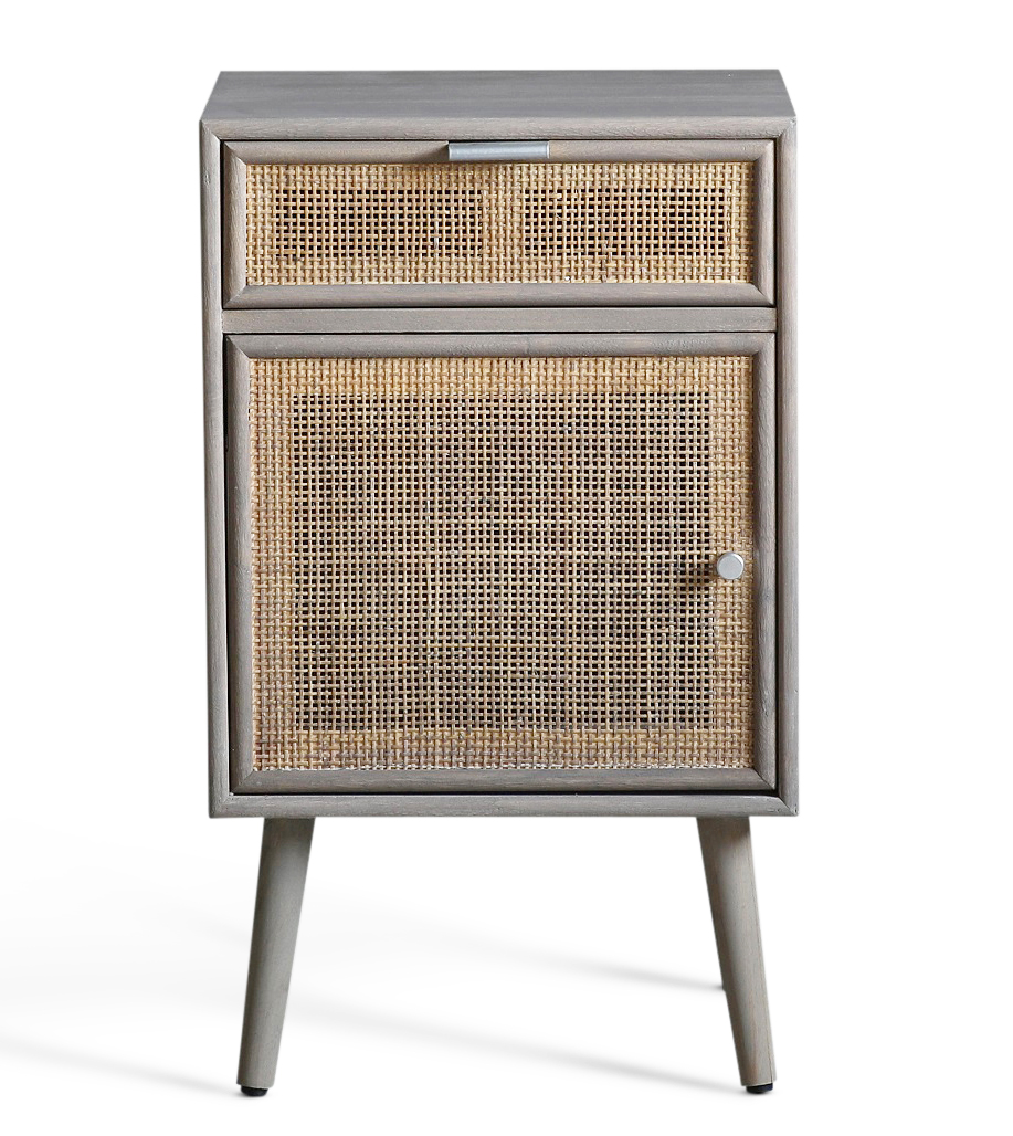 Grauer Nachttisch Stockholm mit Rattan