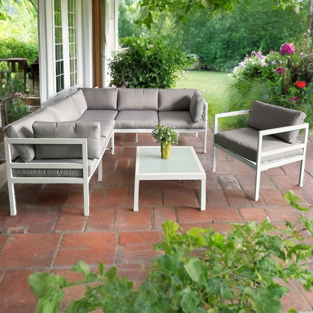 Outdoor-Gruppe mit Tisch und Ecksofa in Wei�aluminium