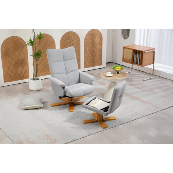 Verstellbarer Sessel Duva inklusive Fuhocker mit Stauraum - Grauer Stoff mit Holzbeinen