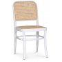 Edge-Essgruppe; Esstisch in weiem HPL 140x90 cm mit 4 weien Tyko-Sthlen mit Rattan