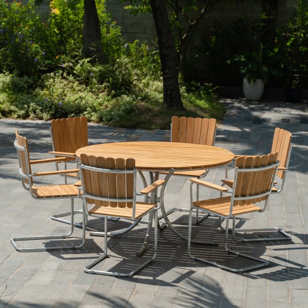Mllan Gartengruppe in Teak: 6 Sessel mit Esstisch 130 cm