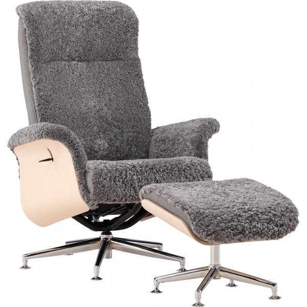 Relaxsessel mit Fuhocker aus echtem Schaffell, Graphitgrau/Whitewash - Ulla