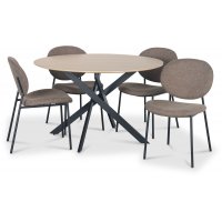 Hogrän Essgruppe Ø120 cm Tisch aus hellem Holz + 4 getuftete braune Stühle Hogrän Essgruppe Ø120 cm Tisch aus hellem Holz + 4 getuftete braune Stühle