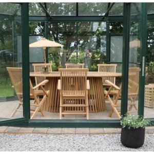Saltö Essgruppe für draußen, ovaler Esstisch 200 cm mit 6 Armlehnstühlen - Teak + Möbelpflegeset für Textilien Saltö Essgruppe für draußen, ovaler Esstisch 200 cm mit 6 Armlehnstühlen - Teak + Möbelpflegeset für Textilien