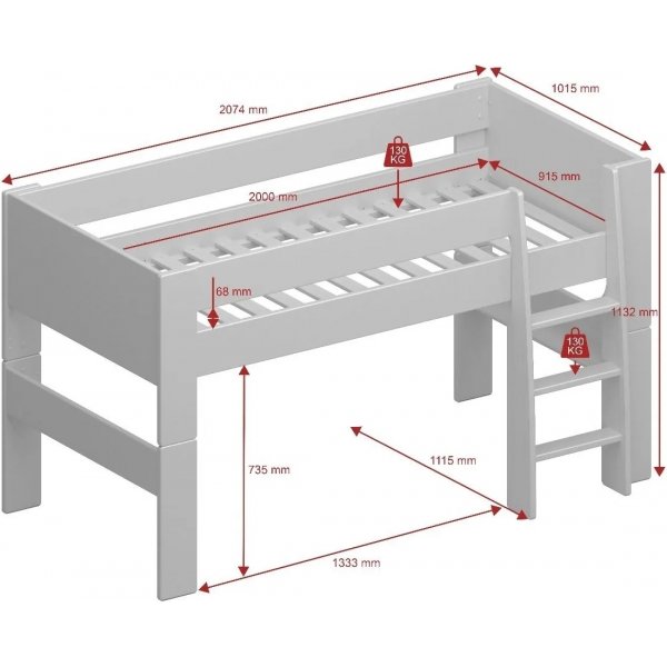 Fr Kinder-Hochbett 90 x 200 cm - Wei/Grau/Braun