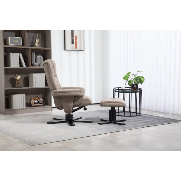 Oslo Liegesessel mit Hocker aus dunkelbeigem Stoff