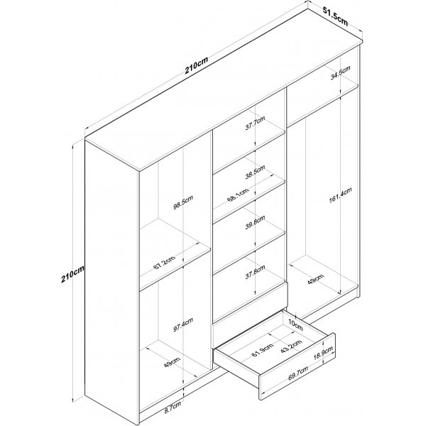 Bardo Kleiderschrank 210 x 51,5 x 210 cm - Walnuss/Wei�