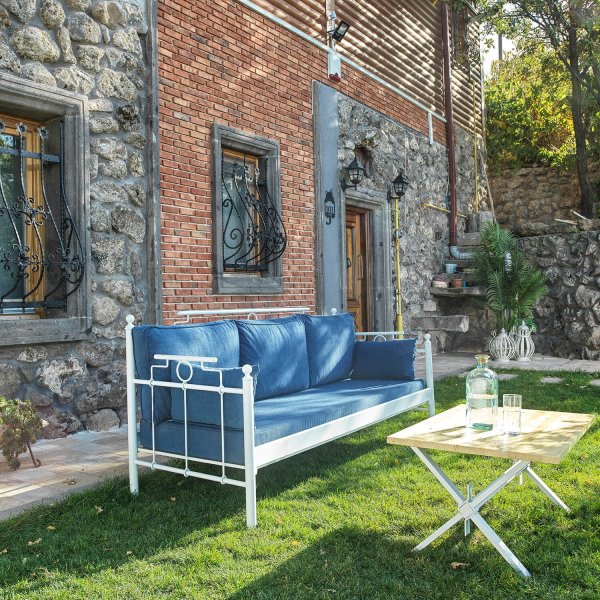 Hampus 3-Sitzer Outdoor-Sofa - Weiß/Blau + Fleckentferner für Möbel Hampus 3-Sitzer Outdoor-Sofa - Weiß/Blau + Fleckentferner für Möbel