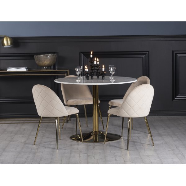 Plaza Essgruppe, Marmortisch mit 4 Plaza Samtsthlen - Beige/wei/Messing