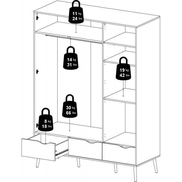 Oslo Kleiderschrank mit 3 Türen - Weiß/Eiche Oslo Kleiderschrank mit 3 Türen - Weiß/Eiche
