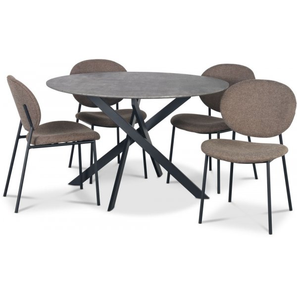 Hogrn Essgruppe 120 cm Tisch aus Betonimitat + 4 getuftete braune Sthle