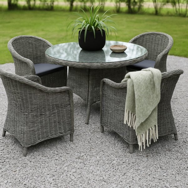 Jacksonville Speisegruppe im Freien; Runder Tisch 110 cm inkl. 4 Mercury-Sessel graues synthetisches Rattan