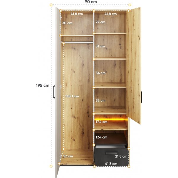 Qubic Kleiderschrank 90 cm - Artisan Eiche/Grau