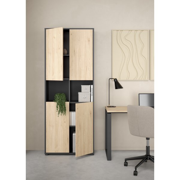 Sign hohes B�cherregal mit 4 T�ren - Mattgrau/Hickory