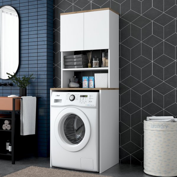 Langer Waschmaschinenschrank 1 - Wei�/Walnuss