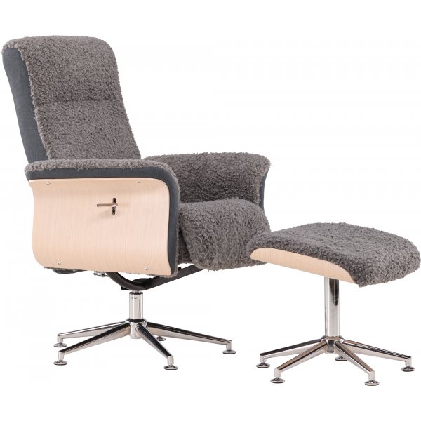 Relaxsessel mit Fuhocker - Graues Schaffellimitat/wei getnchte Eiche