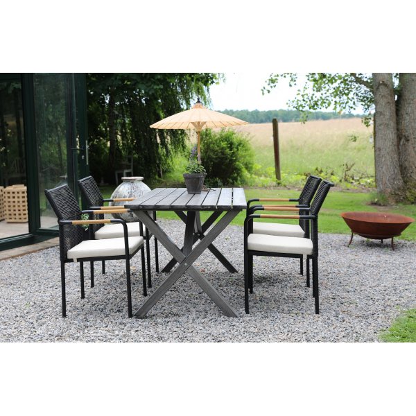 Essgruppe fr den Auenbereich: Tisch mit 4 Sesseln - Grau/Teak/Schwarz