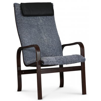 Fushion Sessel in Skandinaviengrau aus Schaffell - Nussbaum dunkel + Mbelpflegeset fr Textilien