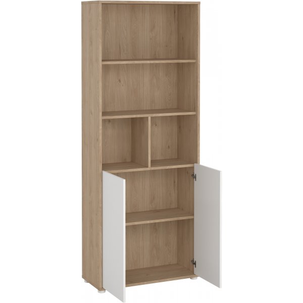 Sign hohes B�cherregal mit 2 T�ren - Wei�/Hickory