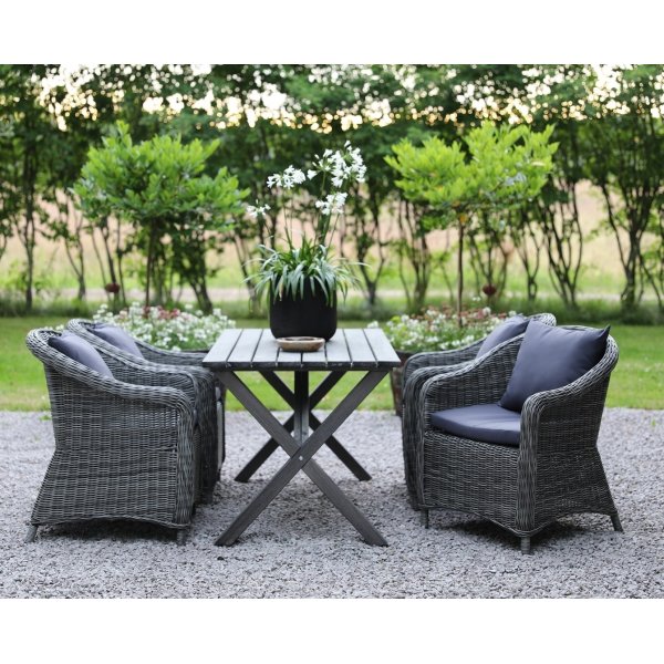 Esszimmergruppe Scottsdale Tisch 150 cm in Shabby Chic Grau inklusive 4 Mercury Sesseln in grauem Kunstrattan