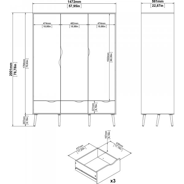 Oslo Kleiderschrank mit 3 Türen - Weiß/Eiche Oslo Kleiderschrank mit 3 Türen - Weiß/Eiche