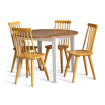 Dalsland-Essgruppe: Runder Tisch in Eiche / Wei mit 4 gelben Korbsthlen
