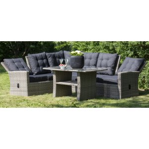 Orlando Ecksofa mit hoher Rückenlehne (verstellbar) inklusive Esstisch - Graues synthetisches Rattan Orlando Ecksofa mit hoher Rückenlehne (verstellbar) inklusive Esstisch - Graues synthetisches Rattan