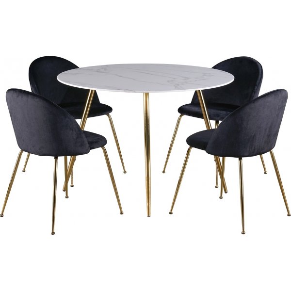 Deco Essgruppe 110 cm runt Tisch + 4 Art Sthle schwarzer Samt / Messing