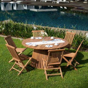 Saltö Outdoor-Essgruppe um Ø150 cm Tisch mit 6 Esszimmerstühlen - Teak Saltö Outdoor-Essgruppe um Ø150 cm Tisch mit 6 Esszimmerstühlen - Teak
