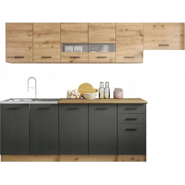 Perla Komplettkche 260 cm - Artisan-Eiche/Matt-Dunkelgrau/Wotan-Eiche