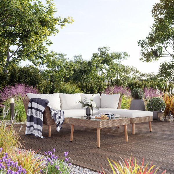 Aschrotes Gartenmbel-Gruppensofa mit Tisch - Natrliches knstliches Rattan