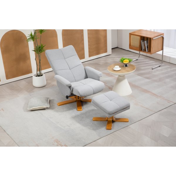 Verstellbarer Sessel Duva inklusive Fuhocker mit Stauraum - Grauer Stoff mit Holzbeinen