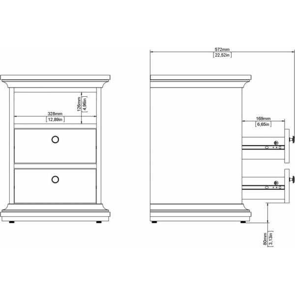 Paris schmaler Nachttisch mit 2 Schubladen und 1 offenem Fach - Grau
