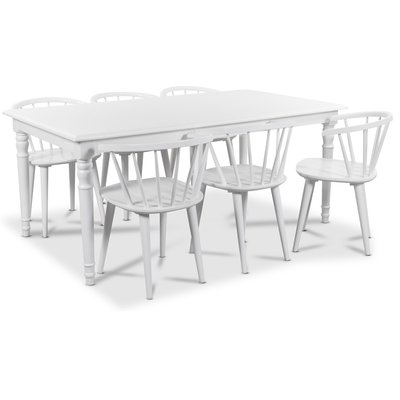 Nomi Essgruppe 180 cm Tisch mit 6 weißen Fredrik Stühlen mit Armlehnen