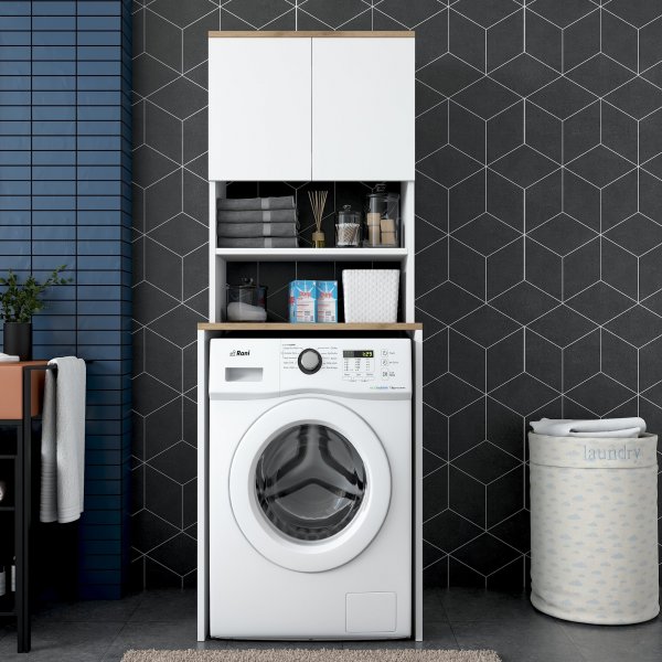 Langer Waschmaschinenschrank 1 - Wei�/Walnuss