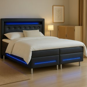 Schwarzes Doppelbett New York mit LED-Beleuchtung 180 x 200 cm Schwarzes Doppelbett New York mit LED-Beleuchtung 180 x 200 cm