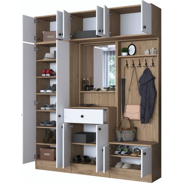 Mendy Flurmbel 180 cm mit Oberschrank - Wei/Walnuss