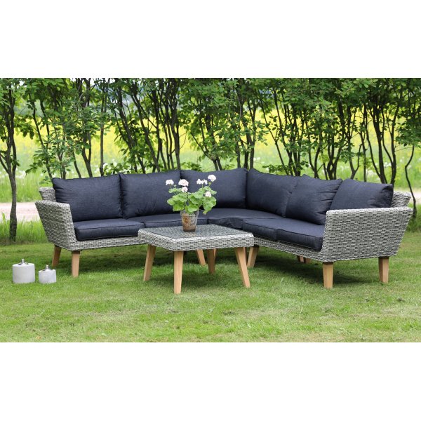 Almbro Outdoor-Mbelgruppe Ecksofa mit Tisch - Whitewash synthetisches Rattan